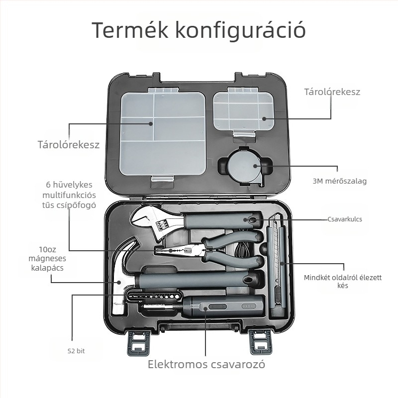 17 részes többfunkciós háztartási szerszámkészlet, magas széntartalmú acél eszközökkel és elektromos csavarhúzóval