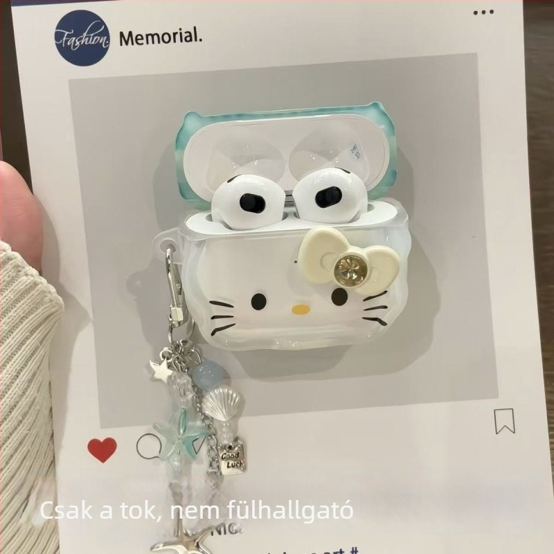 Macskafül AirPods tok, PC anyag, gravírozott, hordozható