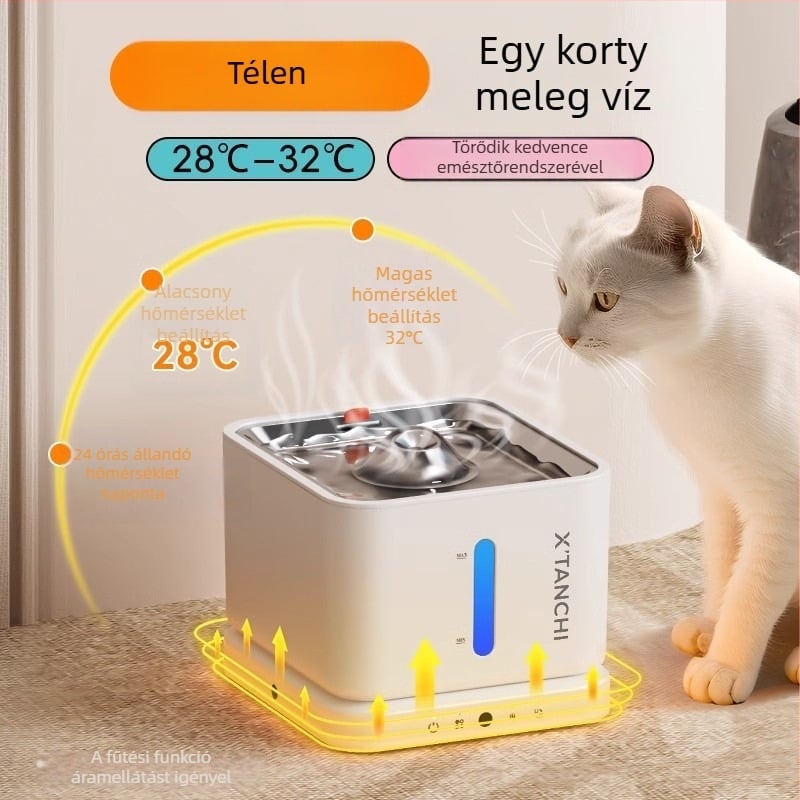 Intelligens ivóvízrendszer háziállatok számára pumpával, állandó hőmérsékletű fűtés, automata itatópohár macskáknak és kutyáknak, szűrő, vezeték nélküli