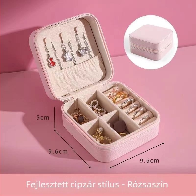 Hordozható PU bőr ékszeres doboz fülbevalók és gyűrűk számára, Modell 062, 18 L kapacitás, porálló