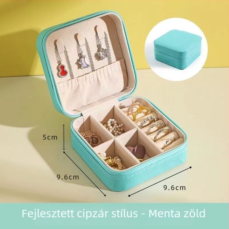 Hordozható PU bőr ékszeres doboz fülbevalók és gyűrűk számára, Modell 062, 18 L kapacitás, porálló