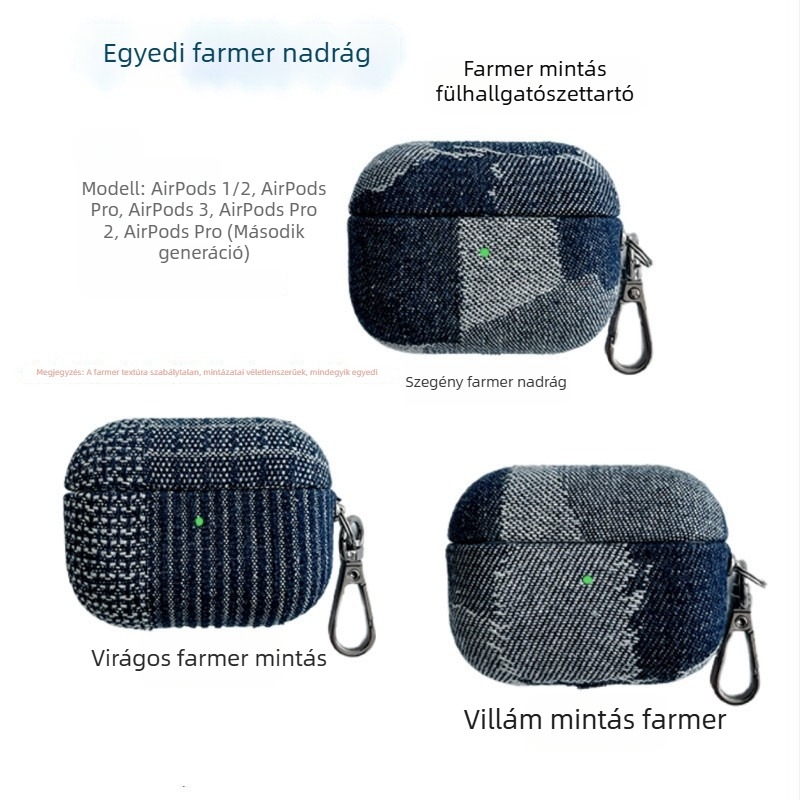 AirPods Pro denim tok – kemény tok, kézzel készült, testreszabható, Apple AirPods Pro 1/2/3/4 generációkhoz