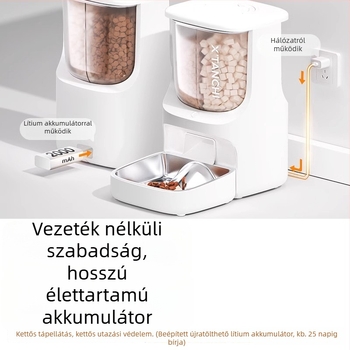 Macskáknak és kutyáknak automata etető két rekeszes, időzített adagolás, távoli vezérlés alkalmazáson keresztül