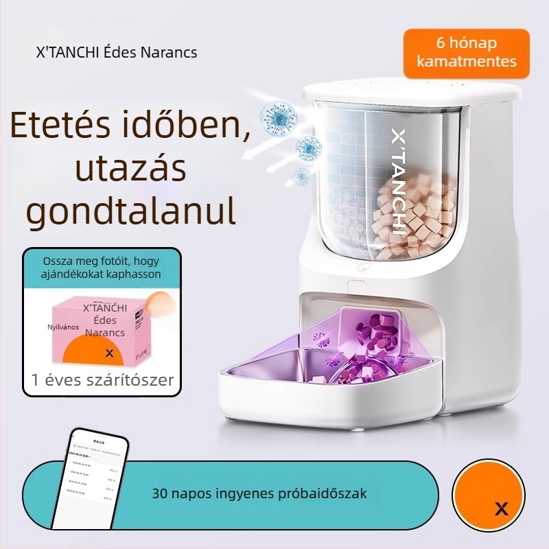 Macskáknak és kutyáknak automata etető két rekeszes, időzített adagolás, távoli vezérlés alkalmazáson keresztül