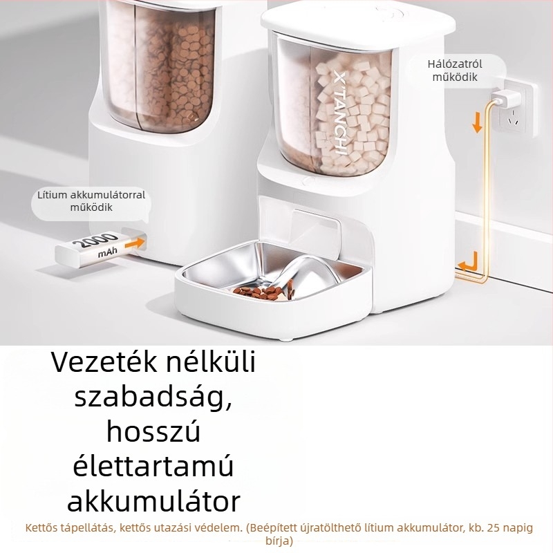 Macskáknak és kutyáknak automata etető két rekeszes, időzített adagolás, távoli vezérlés alkalmazáson keresztül