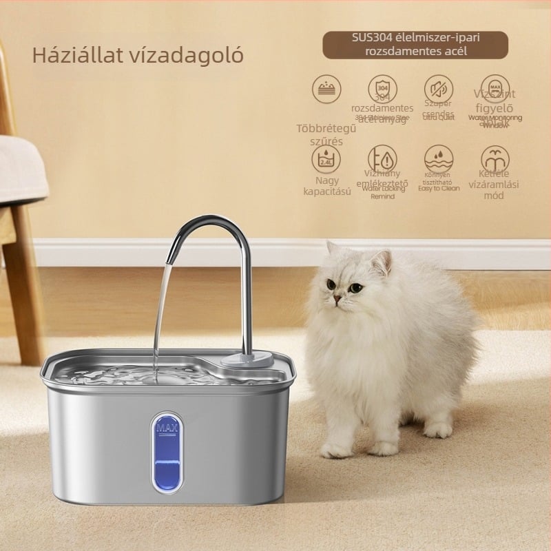 Rozsdamentes acélból készült automata vízadagoló háziállatok számára, átlátszó tartállyal és csappal