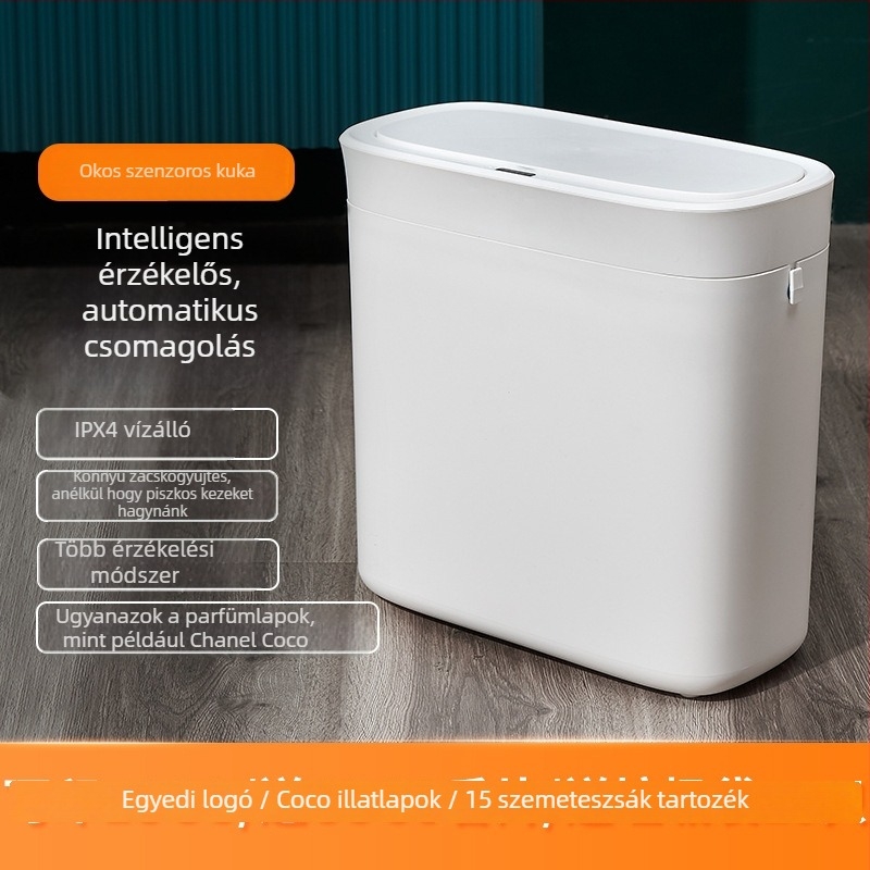Induktív nyitású kuka, műanyagból, kapacitás >12 L, hosszú hengeres alakú, háztartási használatra