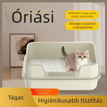 Macskaalomtálca, magas kerítés, anti-spritz védelem, fél-zárt nyitott kialakítás, négyzet alakú PP kivitel, magánmárka