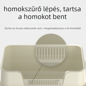 Macskaalomtálca, magas kerítés, anti-spritz védelem, fél-zárt nyitott kialakítás, négyzet alakú PP kivitel, magánmárka