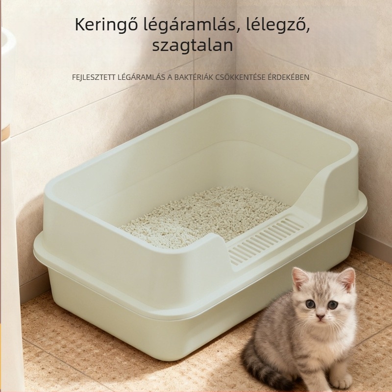 Macskaalomtálca, magas kerítés, anti-spritz védelem, fél-zárt nyitott kialakítás, négyzet alakú PP kivitel, magánmárka