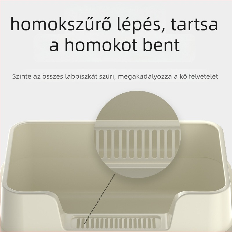 Macskaalomtálca, magas kerítés, anti-spritz védelem, fél-zárt nyitott kialakítás, négyzet alakú PP kivitel, magánmárka