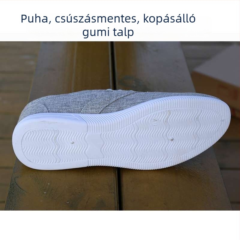 Férfi őszi vászoncipő kender felsőrésszel, gumí talppal, bőrorrvédővel, fűzővel, középmagas