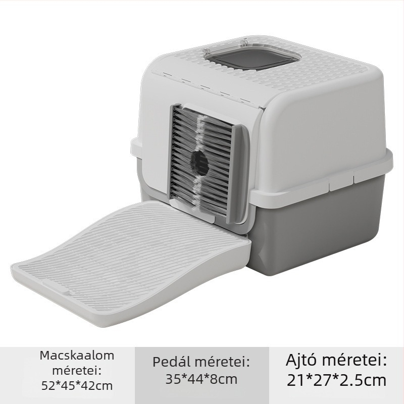 Extra-nagy zárt macska WC dezodoráló rendszerrel, cseppmentes kialakítással, tartozék macskaalom-matta, eltávolítja a szabad szőrt