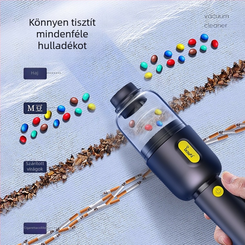 Vezeték nélküli kézi porszívó autóhoz, szívóerő 2100–3000 Pa, beépített akkumulátor ≤500 mAh, üzemidő 1–3 óra, zaj <36 dB, por edény