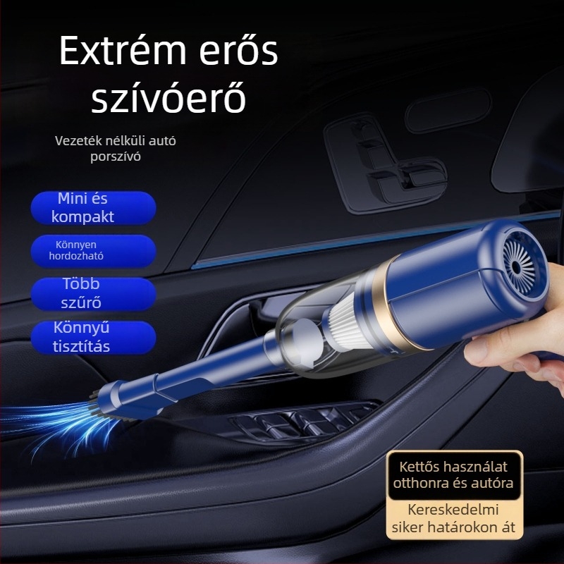 Autóhoz készült vezeték nélküli kézi porszívó – nedves és száraz, beépített 2000–2500mAh akkumulátor, 40–60W, 3100–4000Pa, zaj <36dB