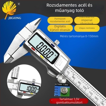 Digitális tolómérő belső és külső átmérő mérésére, rozsdamentes acél, háromszínű gomb
