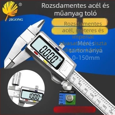 Digitális tolómérő belső és külső átmérő mérésére, rozsdamentes acél, háromszínű gomb