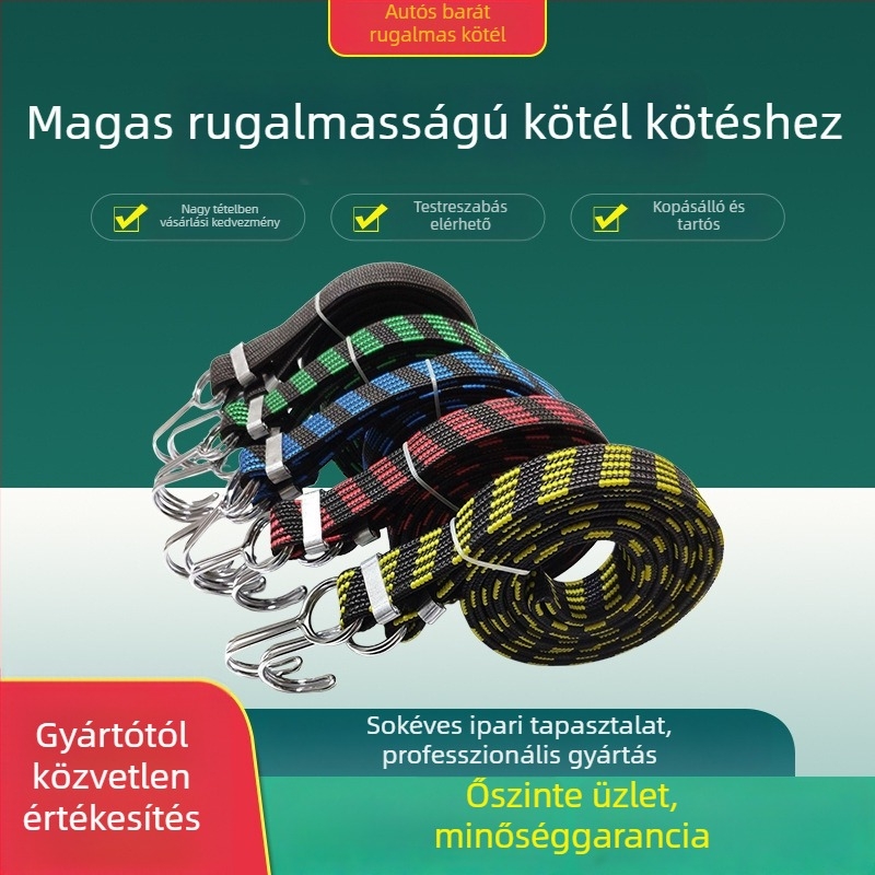 Kerékpár és motorkerékpár csomagkötő kötél; magas rugalmasság, erős húzás, hosszú élettartam; anyag: latex selyem; teherbírás: 100; alkalmas kerékpárokra, elektromos kerékpárokra és motorkerékpárokra