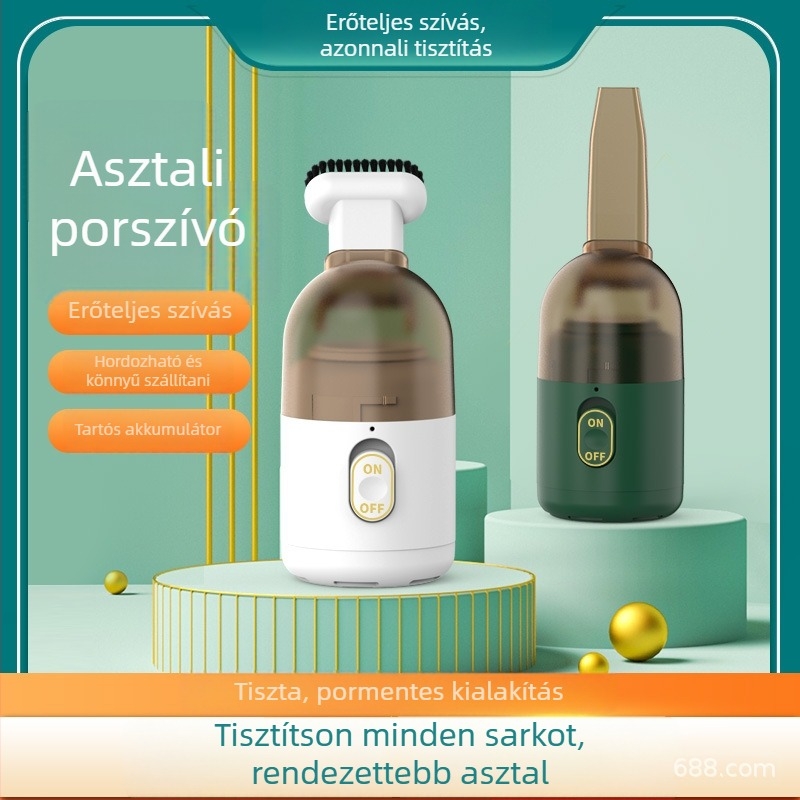 Asztali porszívó – kézi, vezeték nélküli, töltő; nedves és száraz tisztítás; 3W teljesítmény; üzemidő 1–3 óra; beépített 500 mAh akkumulátor
