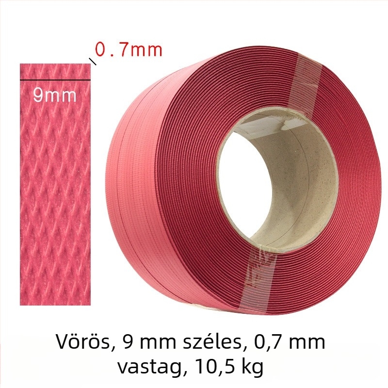 Gépi csomagoló szalag, 70 kg húzóerő, specifikációk 9mm×0.7mm és 12mm×0.8mm, súly 10,5 kg