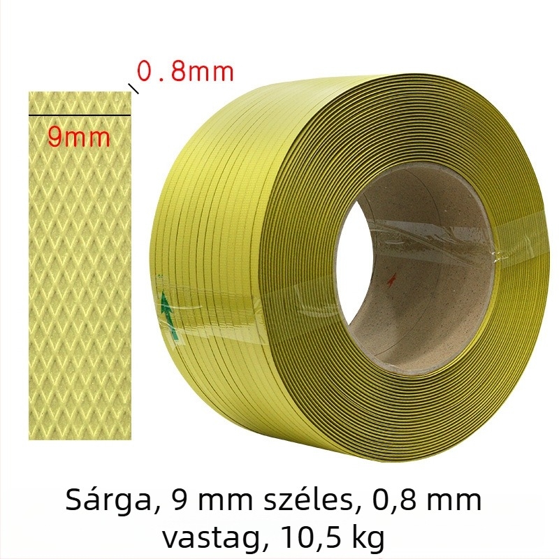 Gépi csomagoló szalag, 70 kg húzóerő, specifikációk 9mm×0.7mm és 12mm×0.8mm, súly 10,5 kg