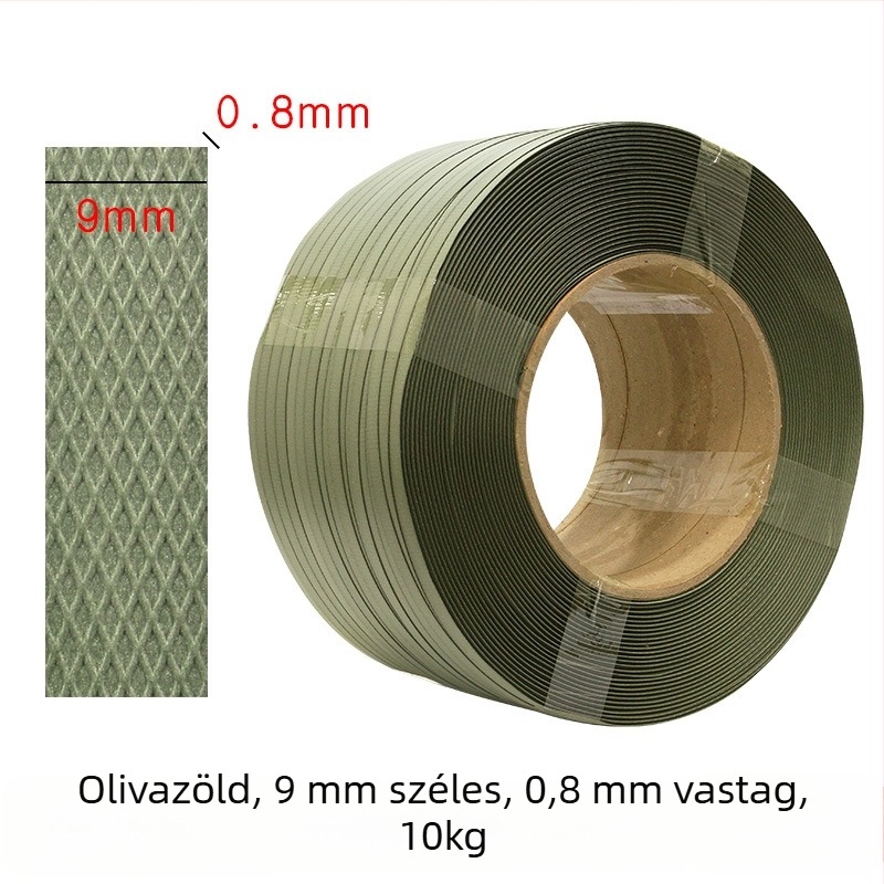 Gépi csomagoló szalag, 70 kg húzóerő, specifikációk 9mm×0.7mm és 12mm×0.8mm, súly 10,5 kg