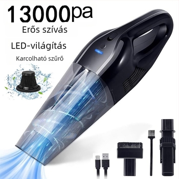 Vezeték nélküli kézi porszívó autóhoz és otthonra – nedves és száraz tisztítás, 9000 Pa szívás, LED világítás, feltölthető, 95 W, DC 11,1 V