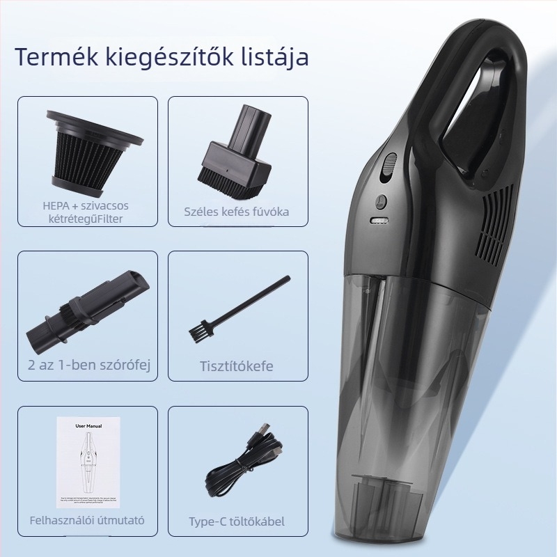 Vezeték nélküli kézi porszívó autóhoz és otthonra – nedves és száraz tisztítás, 9000 Pa szívás, LED világítás, feltölthető, 95 W, DC 11,1 V