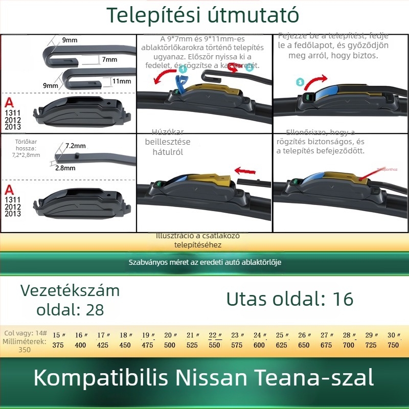 Nissan Teana számára keret nélküli autóablaktörlő penge – csendes, gumi + szénacél, egyoldalú