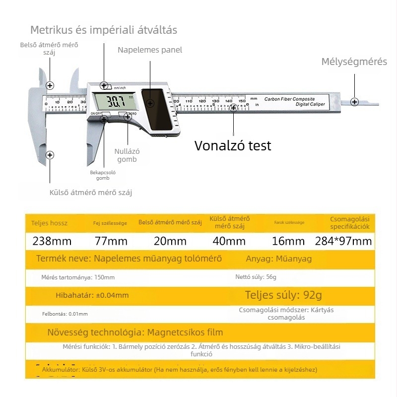 0-150 mm Digitális tolómérő műanyag házban, digitális kijelzővel ékszerek méréséhez