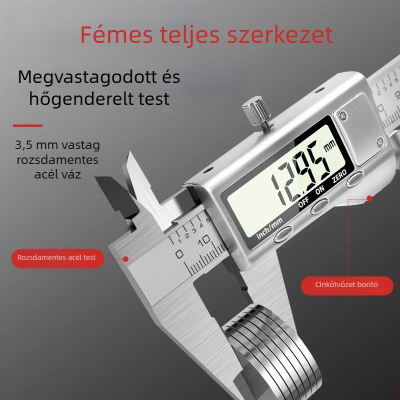 Digitális tolómérő, teljesen fém, rozsdamentes acél test, elektronikus kijelző, magas pontosságú mérőeszköz