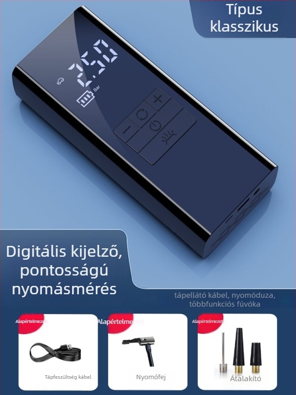 Autó gumiabroncs-fújó készülék sürgősségi indítással — Minden egyben, 12V, 80W, 30 L/min, lítium akkumulátor