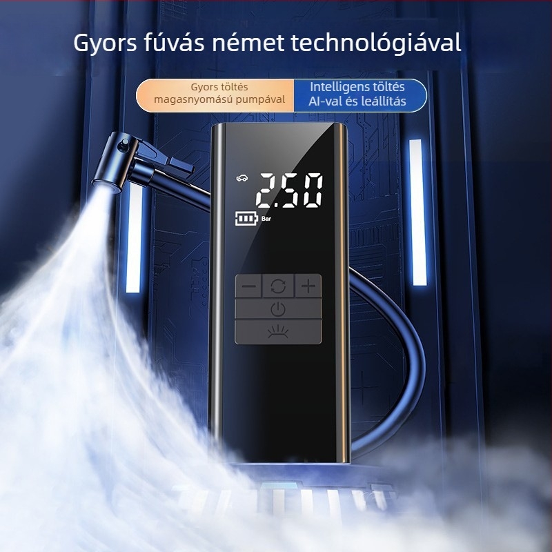 Autó gumiabroncs-fújó készülék sürgősségi indítással — Minden egyben, 12V, 80W, 30 L/min, lítium akkumulátor