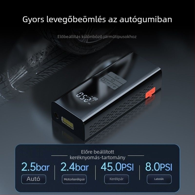 Autó gumiabroncs-fújó készülék sürgősségi indítással — Minden egyben, 12V, 80W, 30 L/min, lítium akkumulátor