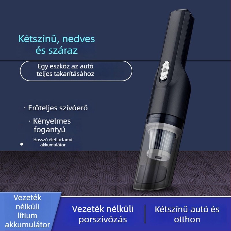 Autó mini porszívó 6000 Pa szívóerővel, 12 V / 120 W, vezeték nélküli töltés, por tisztítás