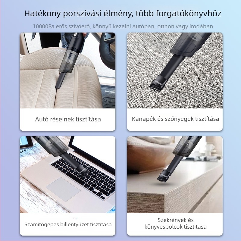 Autó mini porszívó 6000 Pa szívóerővel, 12 V / 120 W, vezeték nélküli töltés, por tisztítás