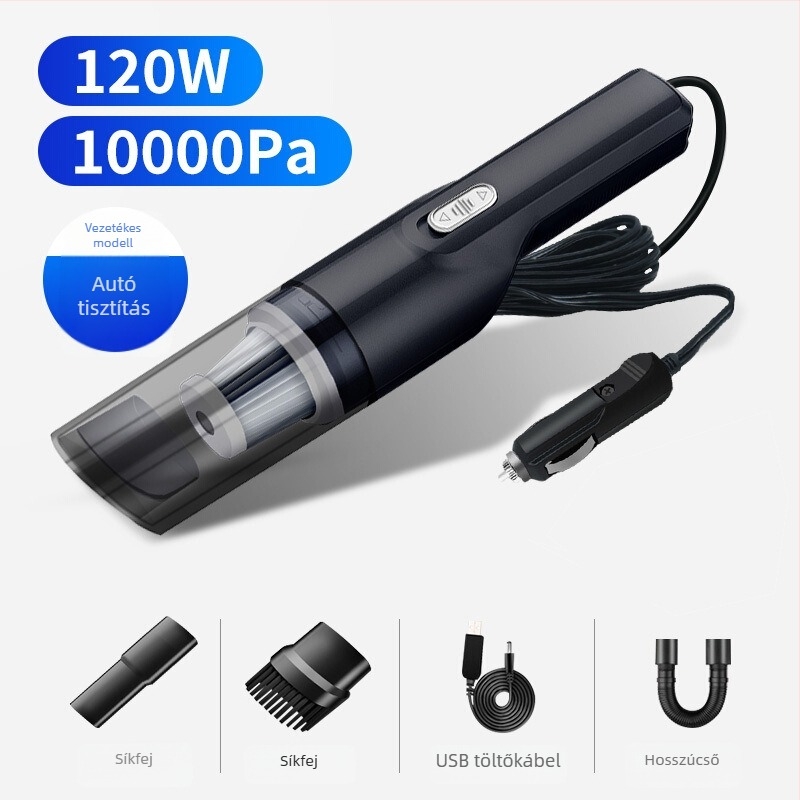 Autó mini porszívó 6000 Pa szívóerővel, 12 V / 120 W, vezeték nélküli töltés, por tisztítás