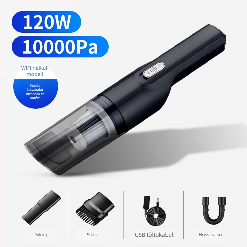 Autó mini porszívó 6000 Pa szívóerővel, 12 V / 120 W, vezeték nélküli töltés, por tisztítás
