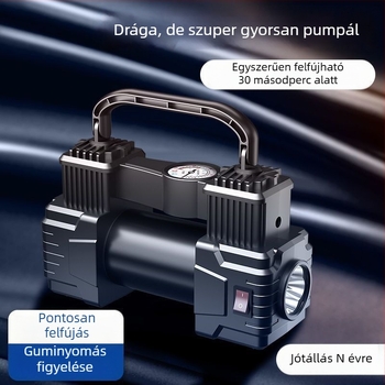 Nagy teljesítményű hordozható autó légpumpa, 12V, 150W, 2.5 m hosszú kábel, 50 cm tömlő, légáram >70 L/min