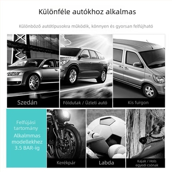 Nagy teljesítményű hordozható autó légpumpa, 12V, 150W, 2.5 m hosszú kábel, 50 cm tömlő, légáram >70 L/min