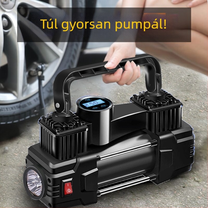 Nagy teljesítményű hordozható autó légpumpa, 12V, 150W, 2.5 m hosszú kábel, 50 cm tömlő, légáram >70 L/min