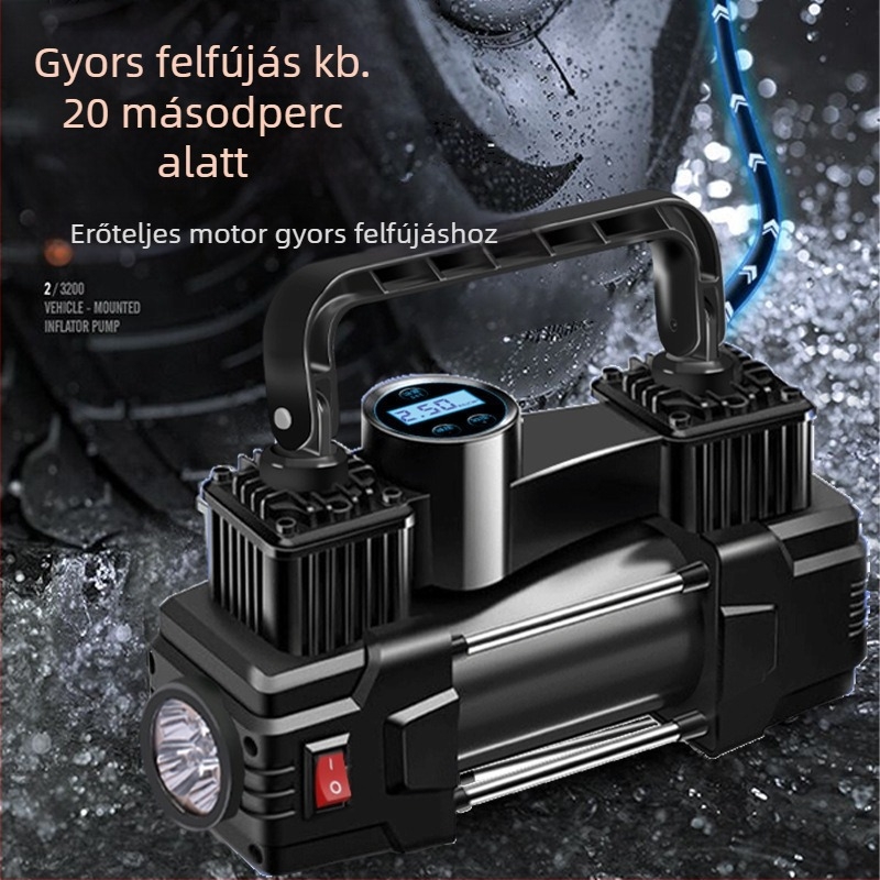 Nagy teljesítményű hordozható autó légpumpa, 12V, 150W, 2.5 m hosszú kábel, 50 cm tömlő, légáram >70 L/min