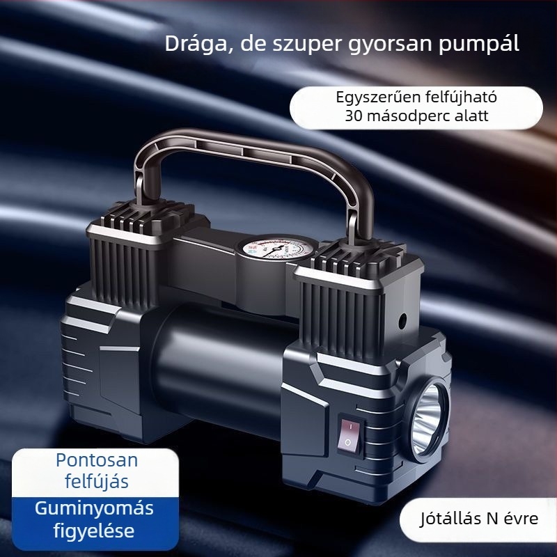 Nagy teljesítményű hordozható autó légpumpa, 12V, 150W, 2.5 m hosszú kábel, 50 cm tömlő, légáram >70 L/min