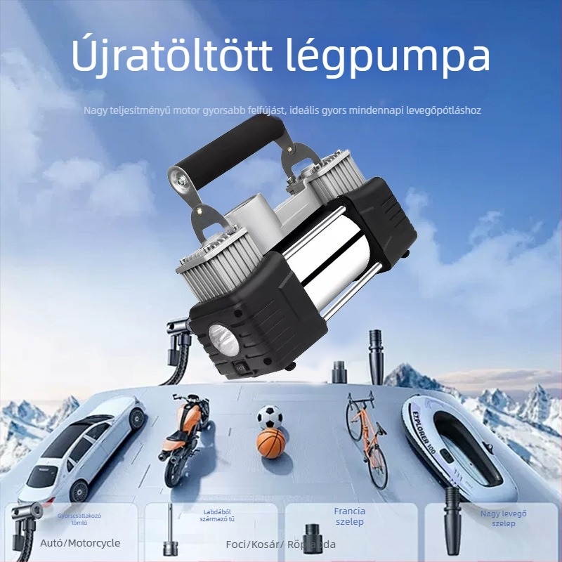 Autó levegőpumpa kétdugós, fémből, 12V, 130W, 40 L/min, nyomásmérővel és LED világítással