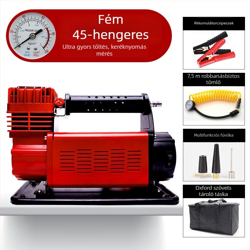Kéthengeres autó légpumpa, 12V, 280W, 70 L/min, 2 m kábel