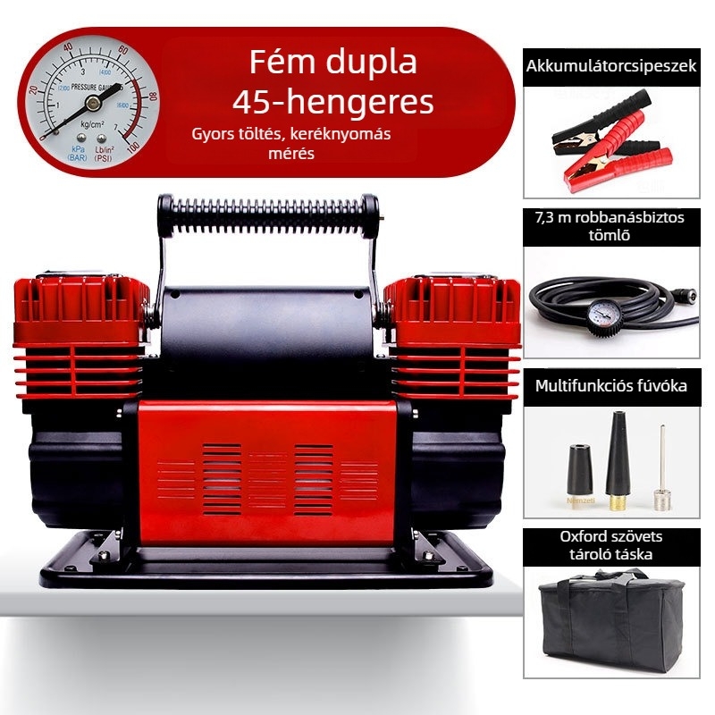 Kéthengeres autó légpumpa, 12V, 280W, 70 L/min, 2 m kábel