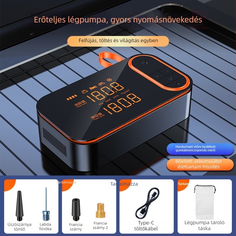 Autóba illő hordozható vezeték nélküli magas teljesítményű levegőpumpa - automatikus kikapcsolás és fény, USB töltés, 24V, 80W, digitális kijelző, 30 L/min