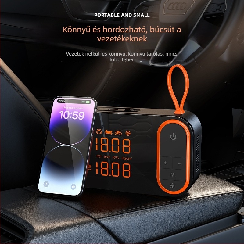 Autóba illő hordozható vezeték nélküli magas teljesítményű levegőpumpa - automatikus kikapcsolás és fény, USB töltés, 24V, 80W, digitális kijelző, 30 L/min
