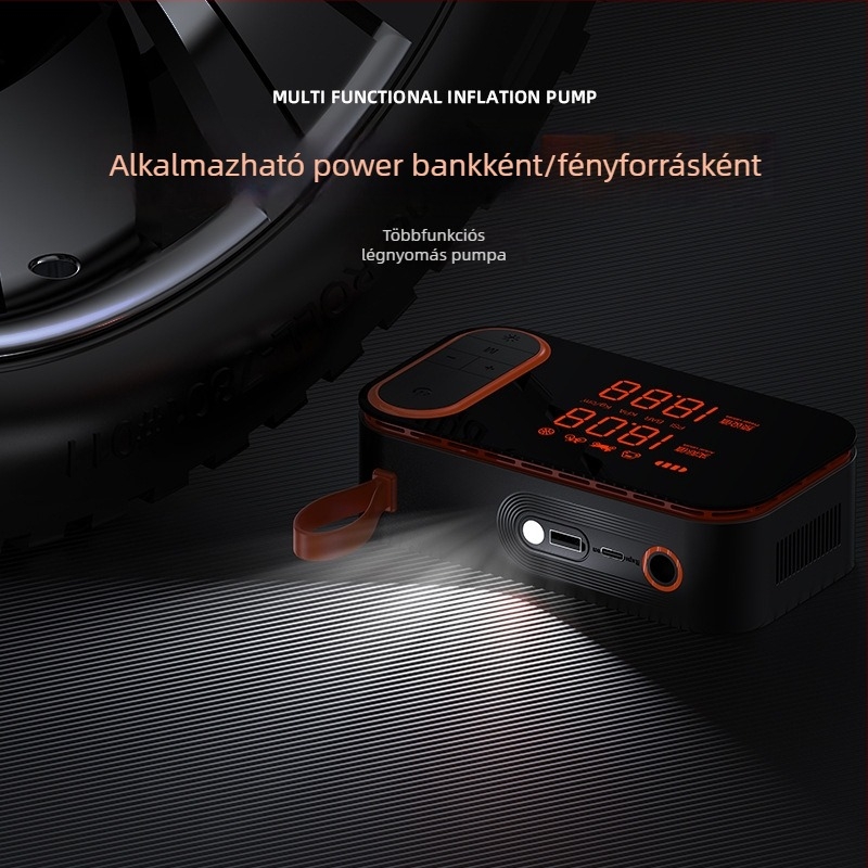 Autóba illő hordozható vezeték nélküli magas teljesítményű levegőpumpa - automatikus kikapcsolás és fény, USB töltés, 24V, 80W, digitális kijelző, 30 L/min