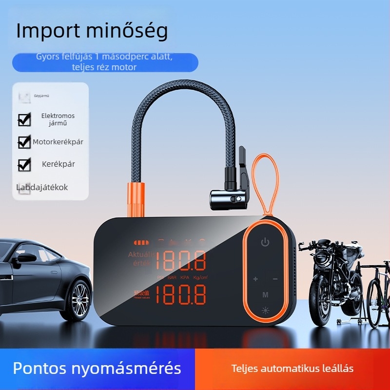 Autóba illő hordozható vezeték nélküli magas teljesítményű levegőpumpa - automatikus kikapcsolás és fény, USB töltés, 24V, 80W, digitális kijelző, 30 L/min
